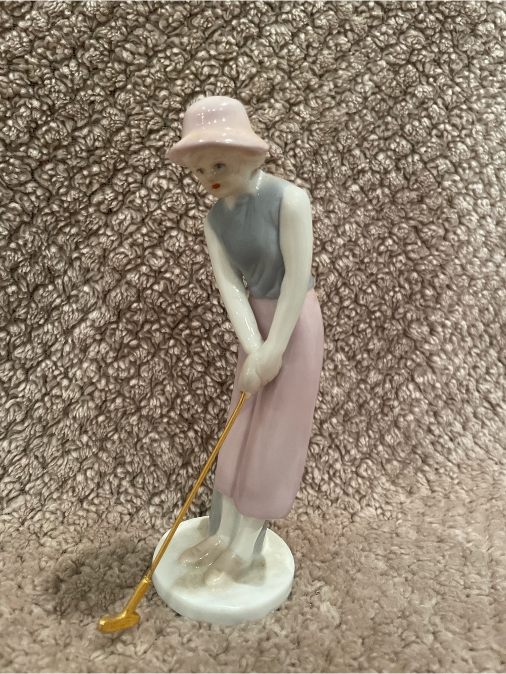 Russ Porcelain Golfer Figurine in Pink, Gray and Gold